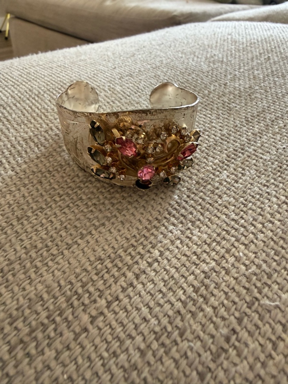 Silver-Tone Cuff Bracelet with Pink Crystal Floral Accents